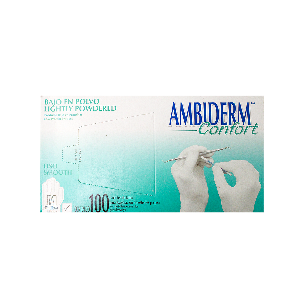 GUANTES DESCARTABLES AMBIDERM CONFORT COLOR NATURAL TALLE M DE LÁTEX CON POLVO X 100 UNIDADES